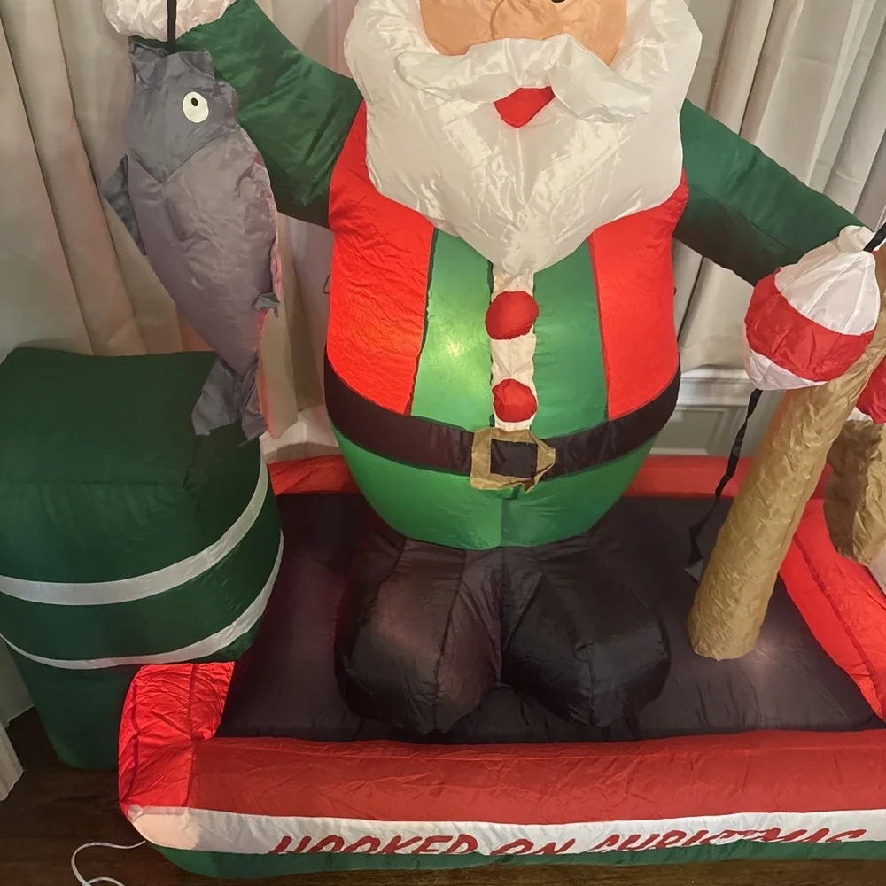 INFLATABLE Christmas SANTA Claus‎ FISHERMAN BOAT HOOKED ON CHRISTMAS LIGHTED 8ft